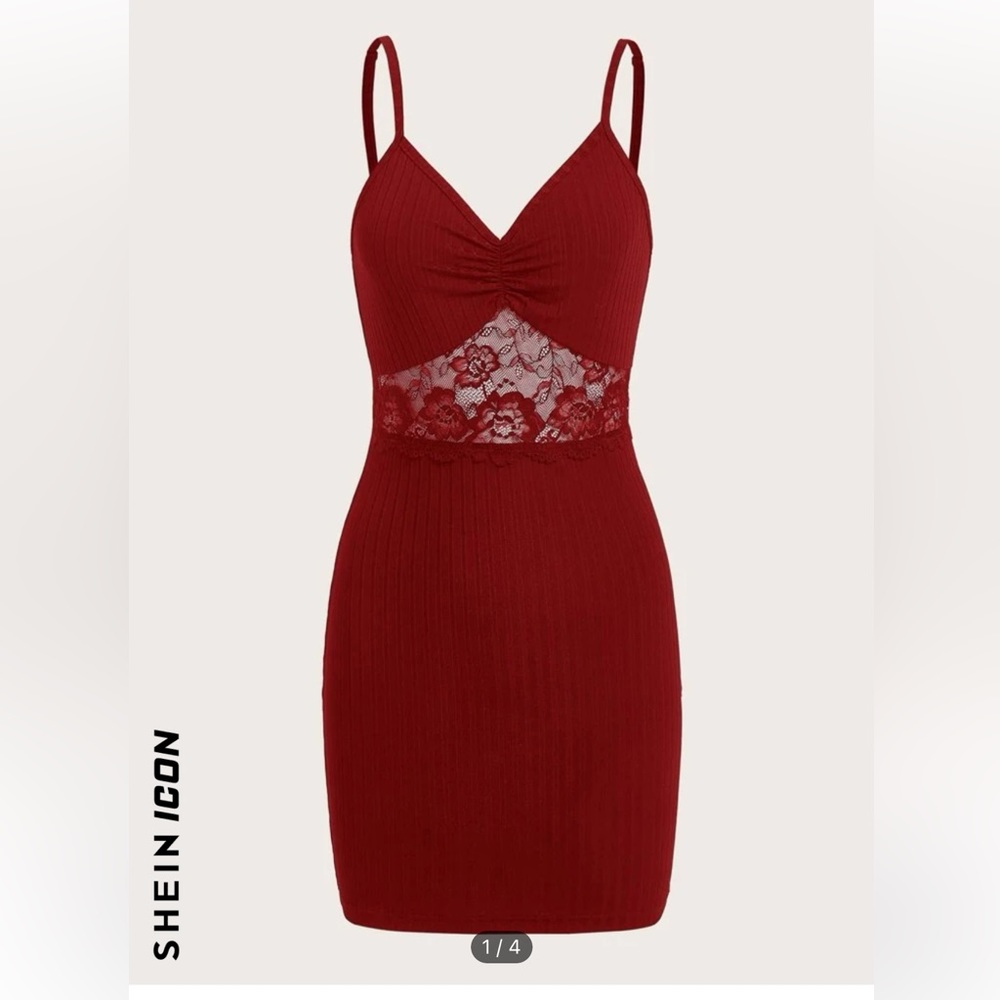 SHEIN ICON Contrast Lace Ruched Cami Bodycon Dress NWT